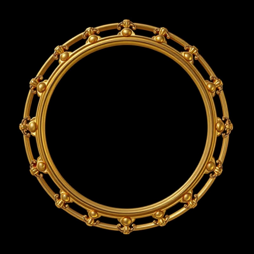 Create a highly detailed gold circular frame on a plain black background, captured with a macro lens at f/2.8 aperture, 1/125 shutter speed, ISO 100, using a DSLR camera for sharpness and clarity.