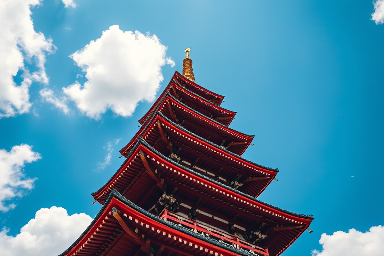 towering pagoda against a bright blue sky with fluffy white clouds, taken with a DSLR camera, aperture f/8, ISO 100, 18mm lens, shot from a low angle for dramatic perspective.