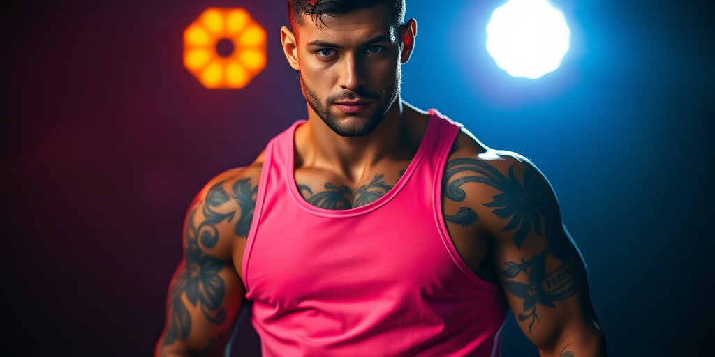 Capture a portrait of a muscular man with tattoos in a pink tank top, dramatic lighting with vibrant colors, shallow depth of field, ISO 100, aperture f/2.8, shutter speed 1/200s, 50mm lens, using a DSLR camera in a studio setting.