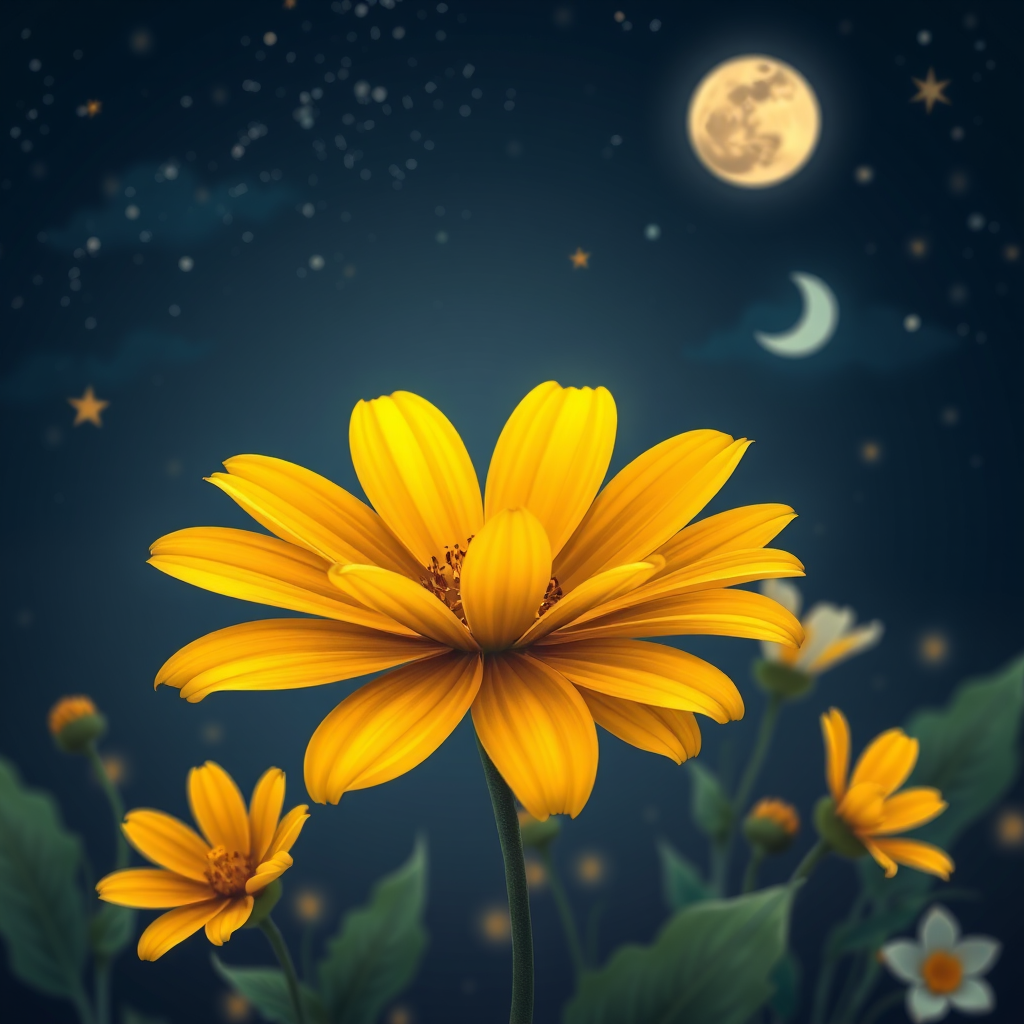 Floral illustration with a night sky background, featuring a single yellow flower, moons, and stars, captured with a DSLR camera at f/2.8, ISO 100, 50mm lens, soft focus effect, high dynamic range.