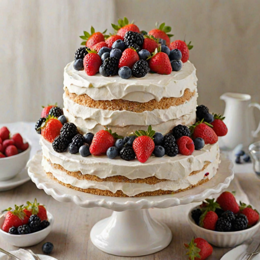 Create a vibrant and elegant cake topped with an assortment of fresh berries, including strawberries, raspberries, blueberries, and blackberries. The cake should have a smooth white frosting and a visually appealing arrangement of berries cascading down one side. The setting should be bright and airy, with natural light highlighting the textures of the cake and fruit.