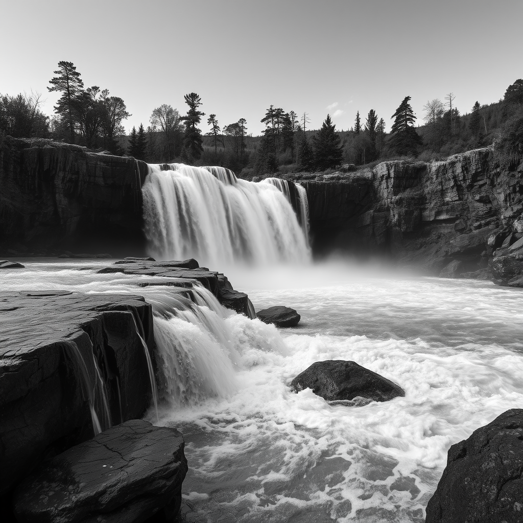 a dramatic black and white landscape of a cascading waterfall over rocky formations, with turbulent water flowing and a scenic background of dense trees