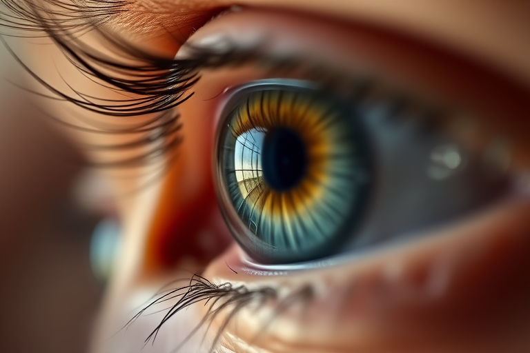 Close-up of a human eye with intricate details, high resolution, focus on the iris and pupil, shallow depth of field, f/2.8, 50mm lens, natural light, DSLR camera, studio lighting.