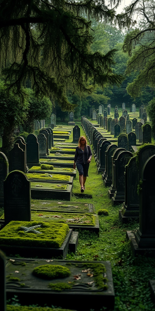 Overgrown cemetery with moss-covered tombstones, a woman walks slowly among the graves, the soft glow of twilight casting long shadows over the landscape.