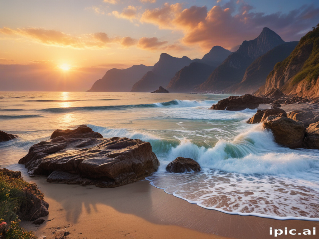 Breathtaking Sunset Over Serene Ocean Waves and Majestic Mountain Peaks