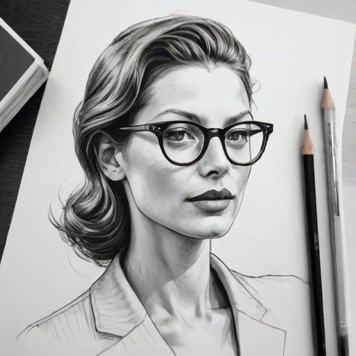 Comely Daria Werbowy, pencil sketch, portrait of Splendid woman 1935s in glasses, hair style beatnik, outline, clear lines, fine lines, 8k