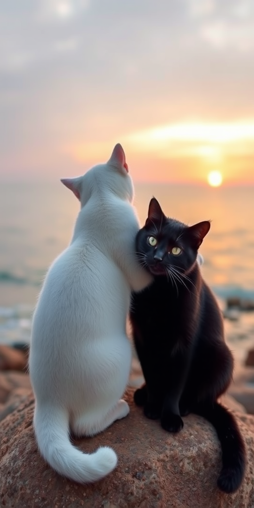 create a serene scene of two cats, one white and one black, embracing on a rock by the sea, with a soft sunset in the background, using a DSLR camera, 50mm lens, f/1.8 aperture, 1/200 sec shutter speed, ISO 100, and vibrant color profile.
