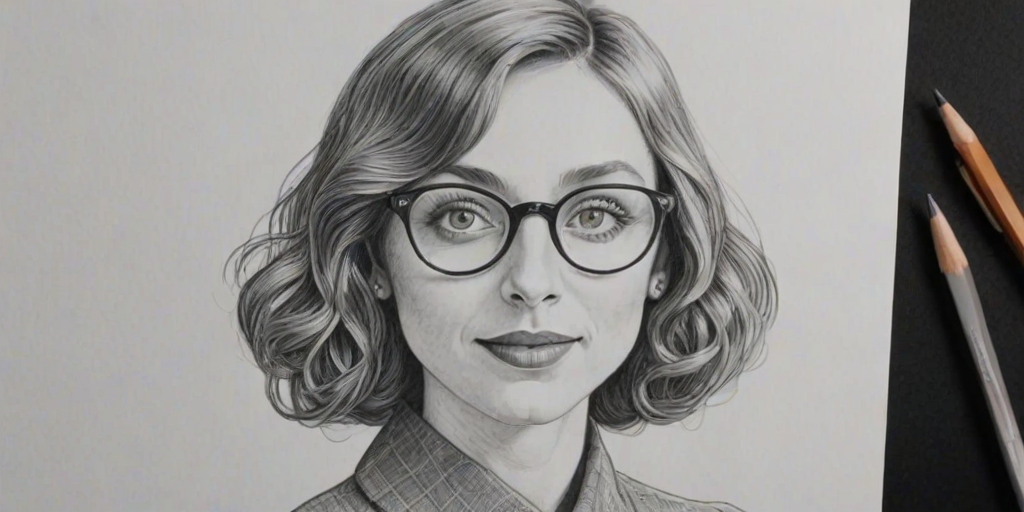 Elegant Lauren Lapkus, pencil sketch, portrait of Exquisite woman 1925s in glasses, hair style beatnik, outline, clear lines, fine lines, 8k