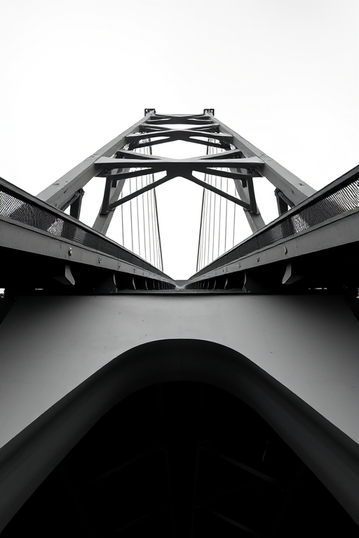 capture a black and white image of a bridge from a low perspective, focusing on the symmetry and structural details, use a Canon EOS R5 camera with a 24-70mm lens at f/8, ISO 100, and a shutter speed of 1/250s, shoot in RAW format for high quality and clarity