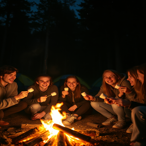 Low-resolution snapshot of a group of friends gathered around a campfire, roasting marshmallows, soft orange glow illuminating their faces, laughter frozen in the moment, dark woods surrounding them, a few tents pitched in the background, stars twinkling faintly in the sky above.