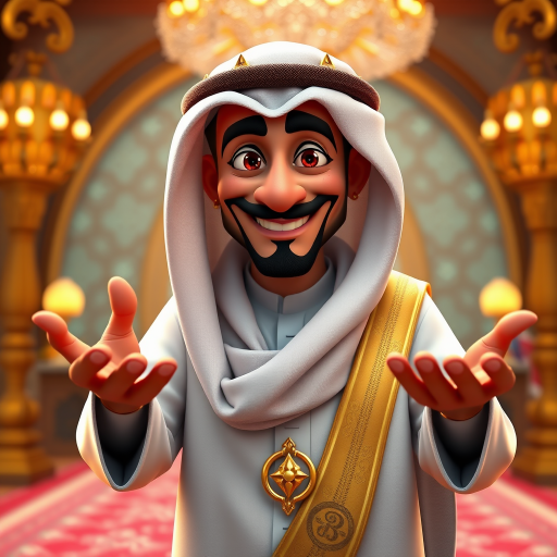 Create a 3D rendering of a wealthy Arab male sheikh from Dubai, inspired by the Disney animation style. The sheikh must have a smile and a playful but wise character. Place your character in an atmosphere of wealth and luxury. The image must be in high resolution format. Dynamic pose above the waist, gesturing with hands (Pixar Art style)++ highly detailed digital painting, art stations, concept art, soft focus, hard focus, illustrations. cinematic, visual effects, HDR, Unreal Engine 5, ray tracing, soft light, 8k, high detail, sparkling backlighting, luxury gem, game art, 3d, cartoon, colorful, magical, mysterious
