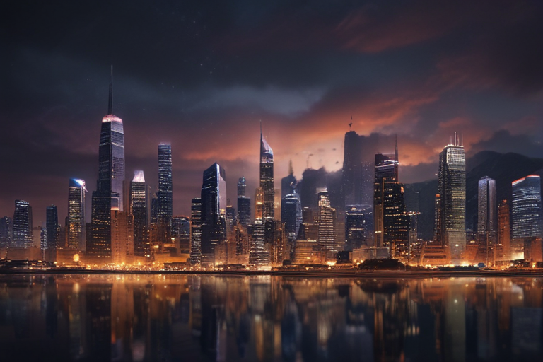 Vibrant City Skyline at Dusk Reflecting Lights on Calm Water