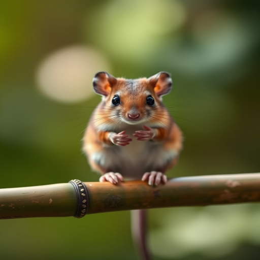 a close-up shot of a small brown mouse sitting on a bamboo stick, soft-focus background with blurred greenery, Canon EOS 5D Mark IV, 50mm f/1.8 lens, aperture f/2.8, shutter speed 1/200 sec, ISO 400, natural lighting, shallow depth of field