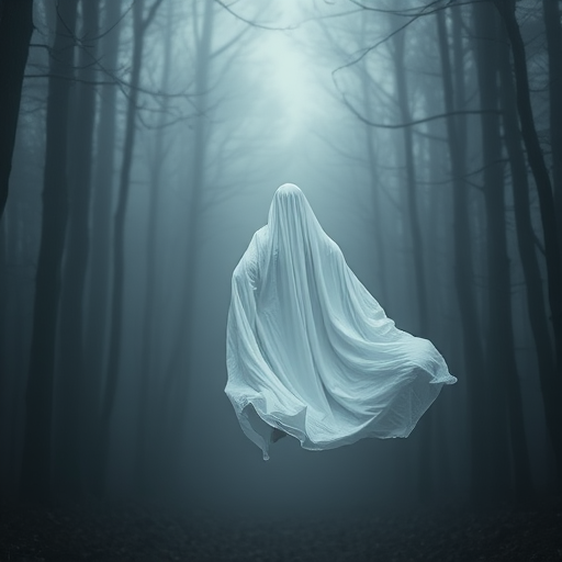 A ghostly figure in a flowing white cloak hovering in a foggy, dark forest, soft focus, shallow depth of field, ISO 200, f/2.8, 50mm lens, natural light, ethereal atmosphere.