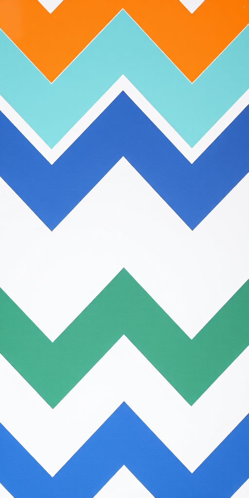 Create a vibrant zigzag pattern featuring alternating stripes of orange, blue, green, and white on a white background, using a Canon EOS R5 with a 50mm f/1.2 lens, aperture set at f/8, ISO 100, and a shutter speed of 1/125s to enhance image clarity and color saturation.