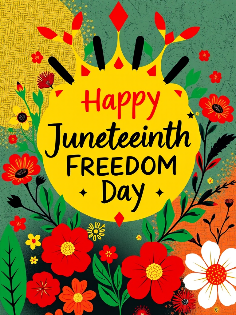Create a vibrant digital illustration to celebrate Juneteenth Freedom Day featuring bold colors: yellow, red, black, and green, with floral patterns and decorative elements, captured in a high-resolution format using a DSLR camera, 50mm lens, f/2.8 aperture, 1/200s shutter speed, and vibrant color settings.