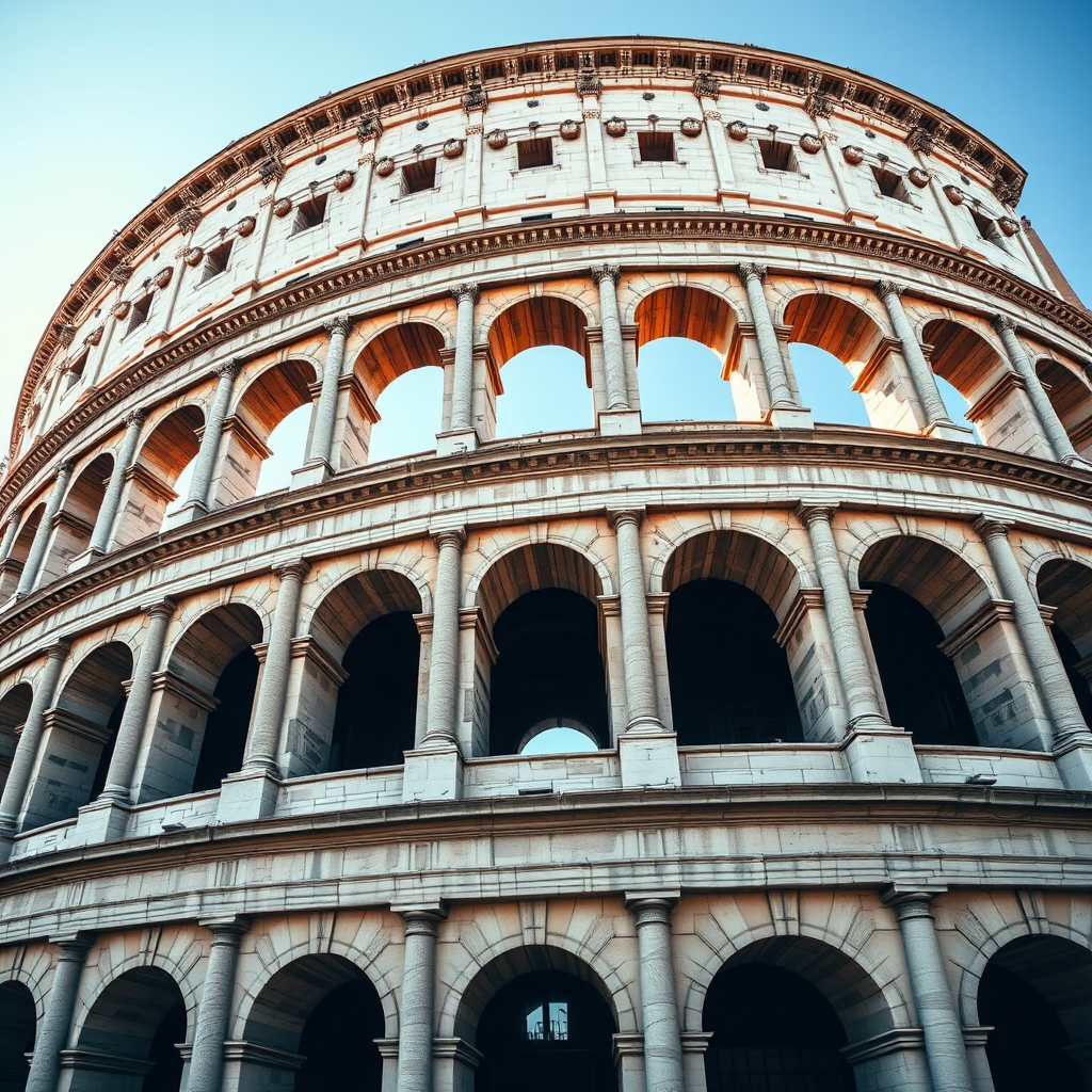 Create a detailed image of the Colosseum in Rome, capturing its grandeur from a low-angle perspective, with a 24mm lens, f/8 aperture, ISO 100, using a DSLR camera in natural daylight to enhance clarity and detail.