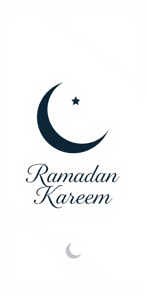 Create a minimalist illustration of a crescent moon and star with the text "Ramadan Kareem" in an elegant script font, using a soft white background, high resolution, shot with a DSLR camera at f/2.8, ISO 100, 50mm lens, natural lighting, and a slight overhead angle to enhance depth and focus.