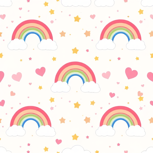 Create a seamless pattern of colorful rainbows, fluffy clouds, and cute stars and hearts on a soft pastel background with high resolution, using a 50mm lens, f/8 aperture, ISO 100, and natural light.