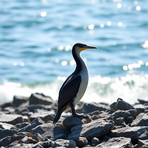 photograph of a cormorant standing on a rocky shore by the ocean, bright sunlight illuminating the scene, shallow depth of field, f/4 aperture, 1/500s shutter speed, ISO 200, 85mm lens, DSLR camera, landscape orientation, vibrant colors, high-resolution quality
