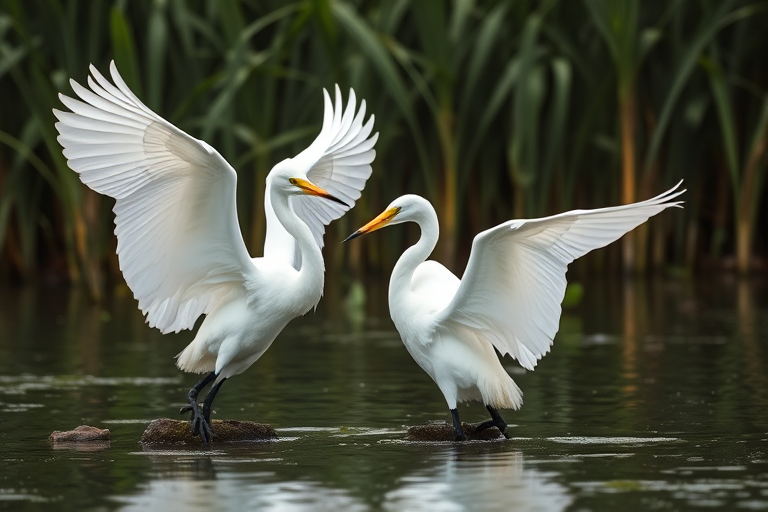 capture a pair of elegant white egrets displaying their wings in a serene water setting with lush green reeds in the background, use a Canon EOS R5 with a 100mm f/2.8L macro IS USM lens, aperture set to f/4, ISO 200, shutter speed 1/500s, focus on the birds with a shallow depth of field to blur the background for a dreamy effect
