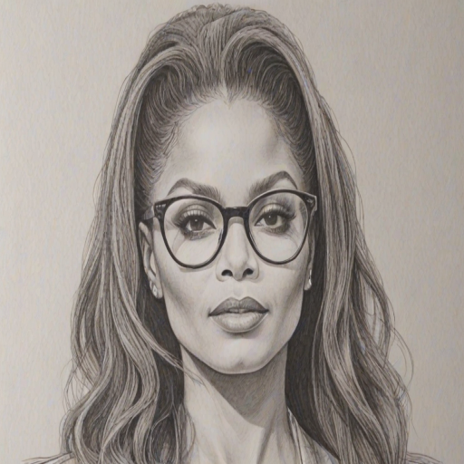 Bewitching Janet Jackson, pencil sketch, portrait of Enchanting woman 1972s in glasses, hair style beatnik, outline, clear lines, fine lines, 8k