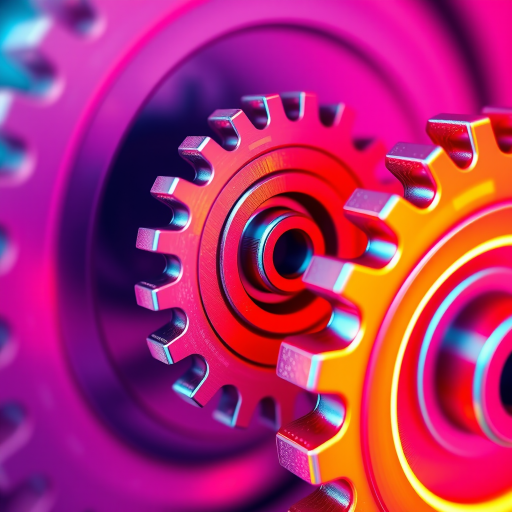 A vibrant, high-contrast illustration of three interconnected gears in various sizes, showcasing intricate details and a glowing edge effect, captured with a DSLR camera at f/2.8, ISO 100, 1/60 shutter speed, wide-angle view, in macro photography style for enhanced clarity and depth.