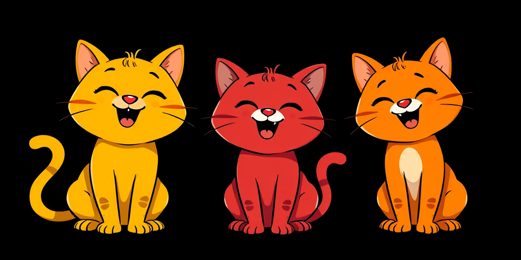 Create a colorful illustration of three cartoon cats with playful expressions, using bright orange, yellow, and red colors, set against a solid black background, shot in high-resolution with a Canon EOS R5 at f/2.8, 50mm lens, and a depth of field to enhance clarity and vibrancy.