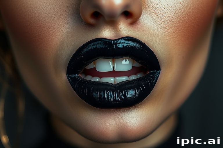 Dramatic woman lips accentuated by bold black lipstick with metallic sheen, full face portrait exuding edgy confidence and mysterious allure
