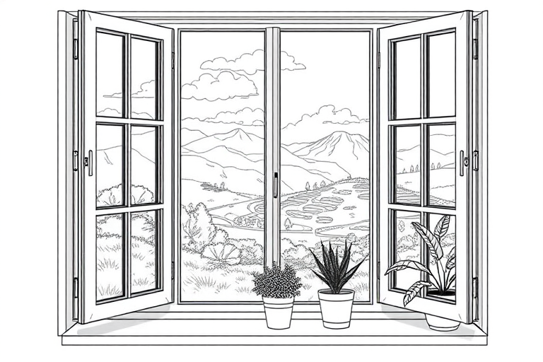 Regenerate a detailed line drawing of a window open to a scenic landscape, including potted plants on the windowsill, soft natural lighting, shot with a DSLR camera, ISO 100, f/8, 24mm lens, focus on depth of field.