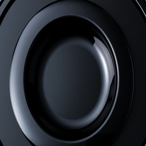 Create a sleek metallic black circular design with a glossy finish, using a macro lens, f/4 aperture, 1/250s shutter speed, ISO 100, top-down view, and studio lighting to enhance reflections and details.