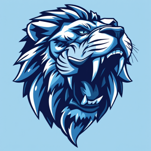 Generate a high-resolution digital illustration of a stylized lion's head in a roaring position, emphasizing sharp details and icy blue tones, using a DSLR camera with a 50mm lens at f/1.8, ISO 100, and a shutter speed of 1/200 sec for clarity and depth.
