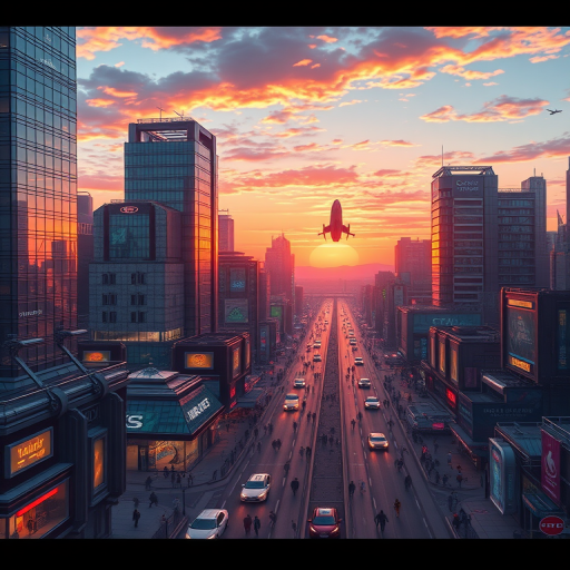 Create a detailed digital illustration of a futuristic city at sunset, with vibrant colors reflecting off glass buildings, bustling streets filled with people and flying vehicles, shot with a Canon EOS R5, 24mm lens, f/2.8 aperture, ISO 100, in a panoramic view to capture the wide scale of the cityscape.