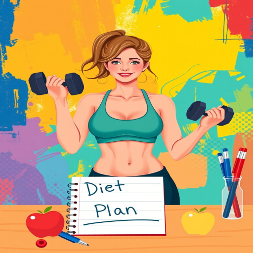 Create an illustration of a fit woman exercising with dumbbells, in a vibrant and colorful abstract background, featuring a notepad labeled 'Diet Plan' with pens nearby and a stylized apple icon, using a Canon EOS R5 with an 85mm lens, f/2.8 aperture, ISO 100, 1/200s shutter speed, in a bright and lively setting.