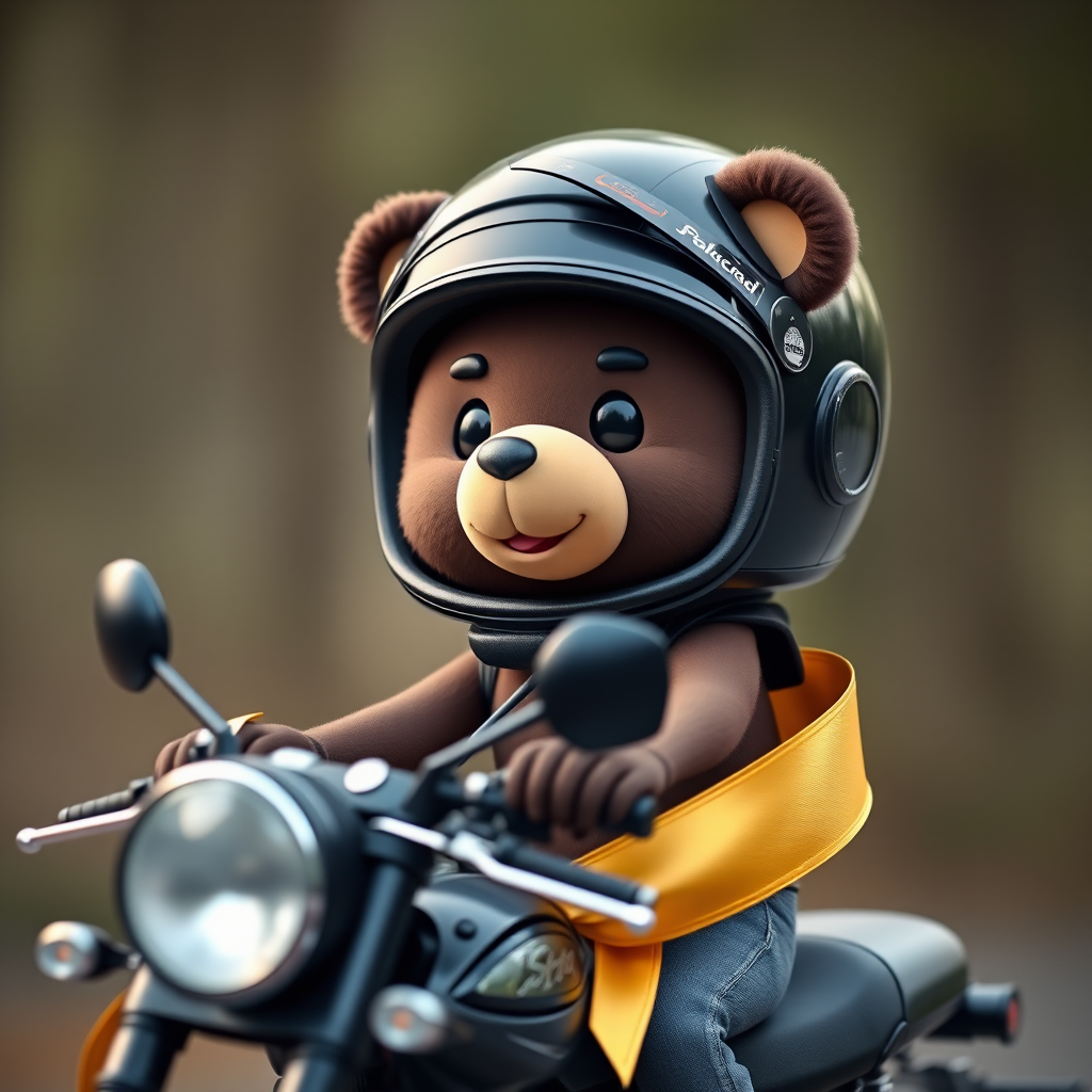 Create a cartoon bear character wearing a black helmet sitting on a motorcycle with a golden ribbon around it, captured with a DSLR camera at f/8 aperture, ISO 200, 50mm focal length, and soft diffused lighting.