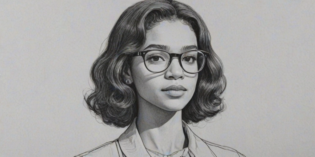 Superb Justice Smith, pencil sketch, portrait of Resplendent woman 1973s in glasses, hair style beatnik, outline, clear lines, fine lines, 8k