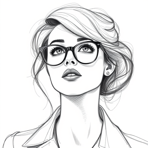 Beauteous Miranda Cosgrove, pencil sketch, portrait of Fetching woman 1946s in glasses, hair style beatnik, outline, clear lines, fine lines, 8k