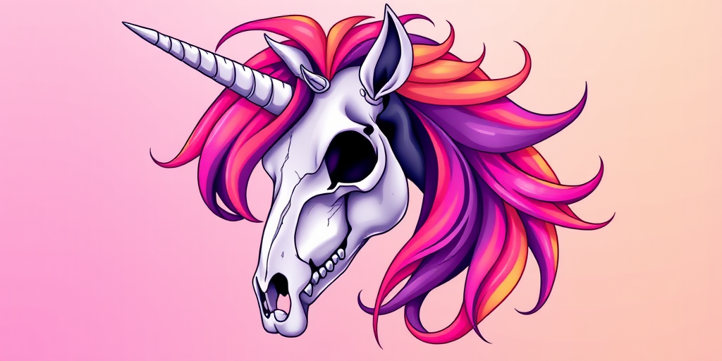 Create a vibrant illustration of a unicorn skull with colorful flowing mane shades of pink, orange, and purple, using a DSLR camera with a 50mm lens, f/1.8 aperture, ISO 100, shot from a slightly lower angle against a pastel gradient background.