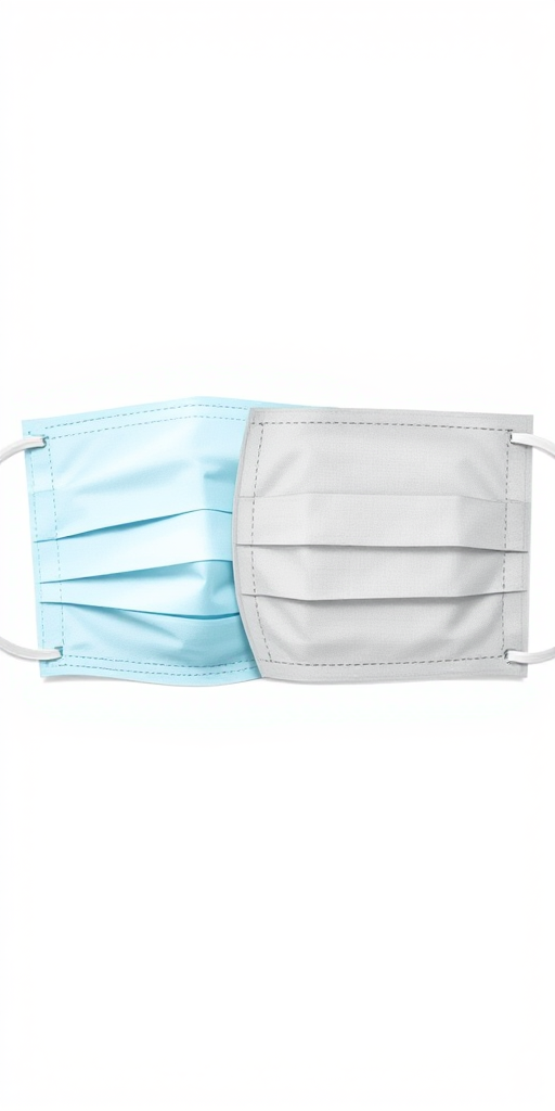 Create a high-resolution vector illustration of two facial sheet masks, one light blue and one gray, with a clean white background, using a digital camera with a 50mm lens, f/2.8 aperture, ISO 100, and a soft focus style.