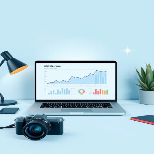 Create a modern digital workspace illustration featuring a laptop displaying a graph and data analysis on a soft blue background, with sparkling elements, shot with a DSLR camera at ISO 100, f/2.8 aperture, 35mm focal length, and a flat lay perspective.
