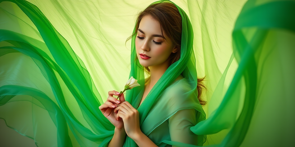 Create a whimsical portrait of a woman draped in soft, flowing green fabric, holding a delicate flower, shot with a Canon EOS R5, 50mm lens, f/1.8 aperture, ISO 100, in natural soft lighting for enhanced texture and vibrant colors.