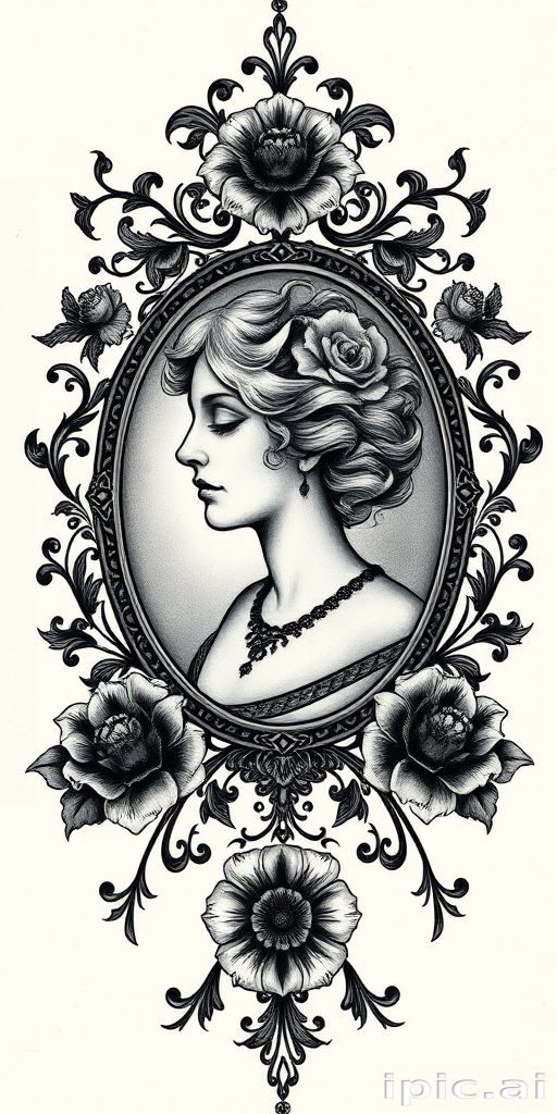 Gothic Victorian tattoo featuring an intricate cameo portrait surrounded by ornate filigree and dark floral elements, rendered in a monochromatic palette with subtle gray shading