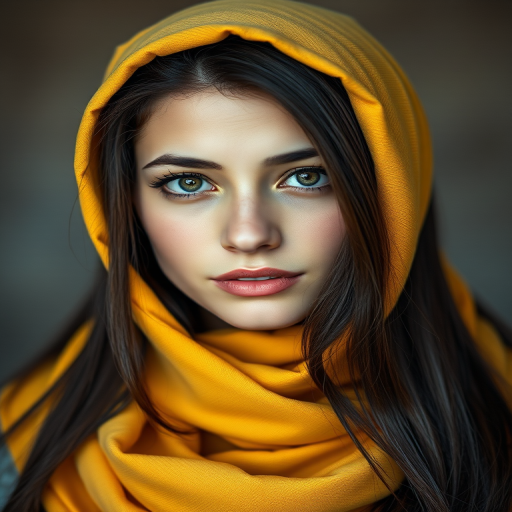 Create a portrait of a young Azerbaijani woman with long, dark hair and captivating hazel eyes. She is wearing a Yellow headscarf and a matching scarf draped gracefully around her neck. The background is softly blurred, focusing attention on her serene and natural expression. The overall color palette is muted and warm, enhancing the intimate and authentic feel of the portrait.