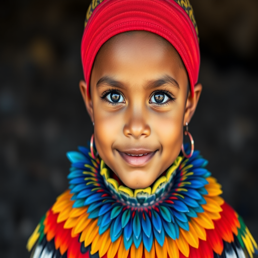 A beautiful Torres Strait Islander girl, wearing colorful bird clothing with vibrant colors