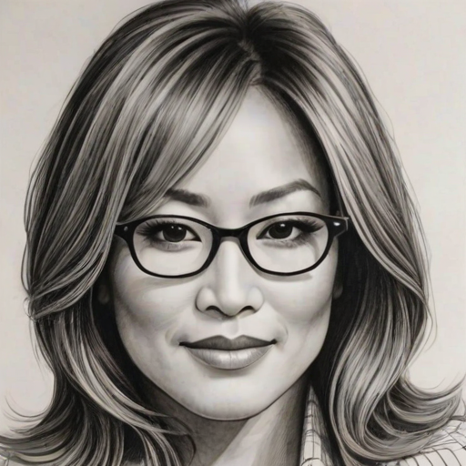 Elegant Carrie Ann Inaba, pencil sketch, portrait of Fetching woman 1973s in glasses, hair style beatnik, outline, clear lines, fine lines, 8k