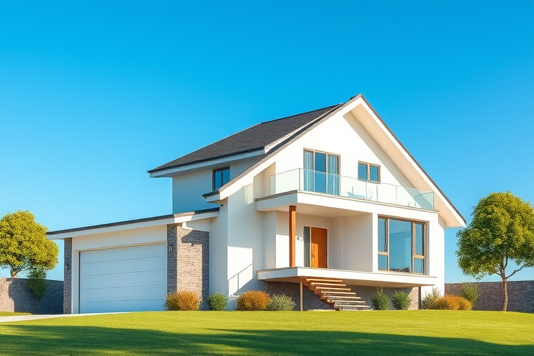 Create a high-resolution digital illustration of a modern house with a blue sky background, focusing on the house's architecture and details, using a DSLR camera at f/8 aperture, ISO 100, 50mm lens, capturing a slightly elevated view with vibrant colors.