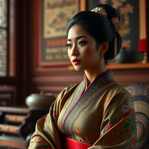 A beautiful Afro-Caribbean woman in traditional East Asian attire, intricately detailed with embroidered patterns, sitting gracefully in a richly decorated room, soft ambient lighting, serene and elegant, ultra-realistic, 8K resolution