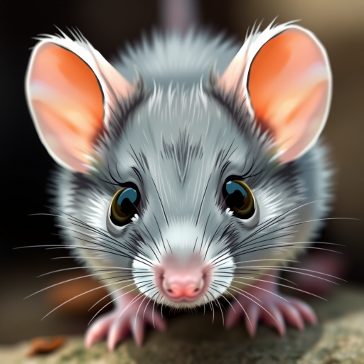Create a detailed illustration of a cute gray mouse with large ears and big eyes, captured in a close-up view, using a DSLR camera with a 50mm lens, aperture set to f/2.8 for a shallow depth of field, ISO 100 for optimal clarity, and natural lighting to enhance the image quality.