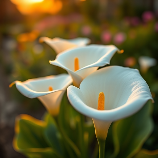 Capture a close-up of white calla lilies in a vibrant garden setting during golden hour, using a DSLR camera, aperture f/1.8 for shallow depth of field, ISO 100 for clear quality, and a slight tilt-shift effect to enhance focus on the flowers while softly blurring the background.