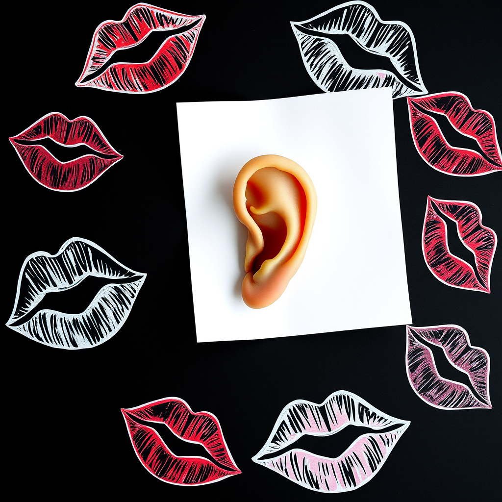 Illustration of a single ear on a white sheet of paper surrounded by hand-drawn lips on a black background, high-resolution DSLR camera, aperture f/2.8, 50mm lens, natural light, top-down view.